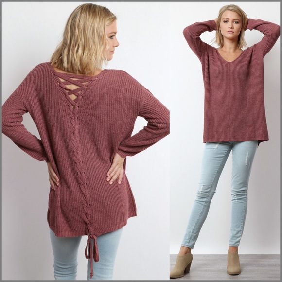 NEW  Mauve Lace-Up Back Sweater - Picture 3 of 4